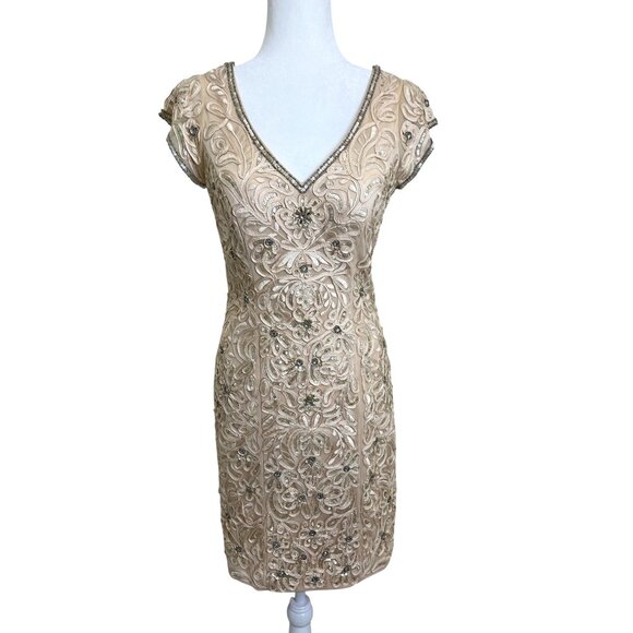 Sue Wong Nocturne Cocktail Dress Sequined Embroidered Cap Sleeve Champagne Sz 6 - Picture 1 of 8